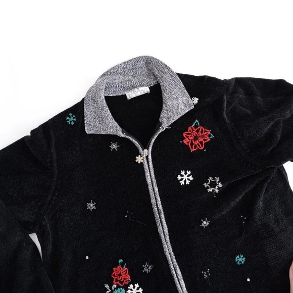 Vintage Allison Daley Black Zip Cardigan Holiday Snowflakes Festive Sweater L - Picture 13 of 16